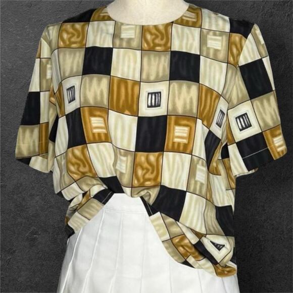 Vintage Geometric Square Print Short Sleeve Shirt Top Notations Size Small - Picture 1 of 5